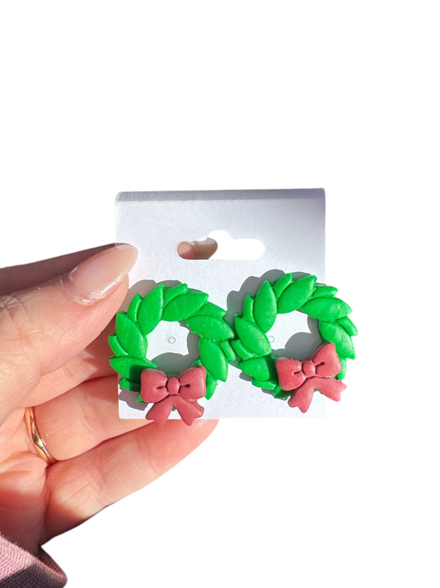 Red Bow Wreath Clay Earrings