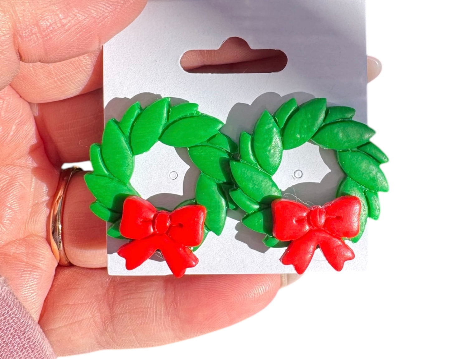 Red Bow Wreath Clay Earrings